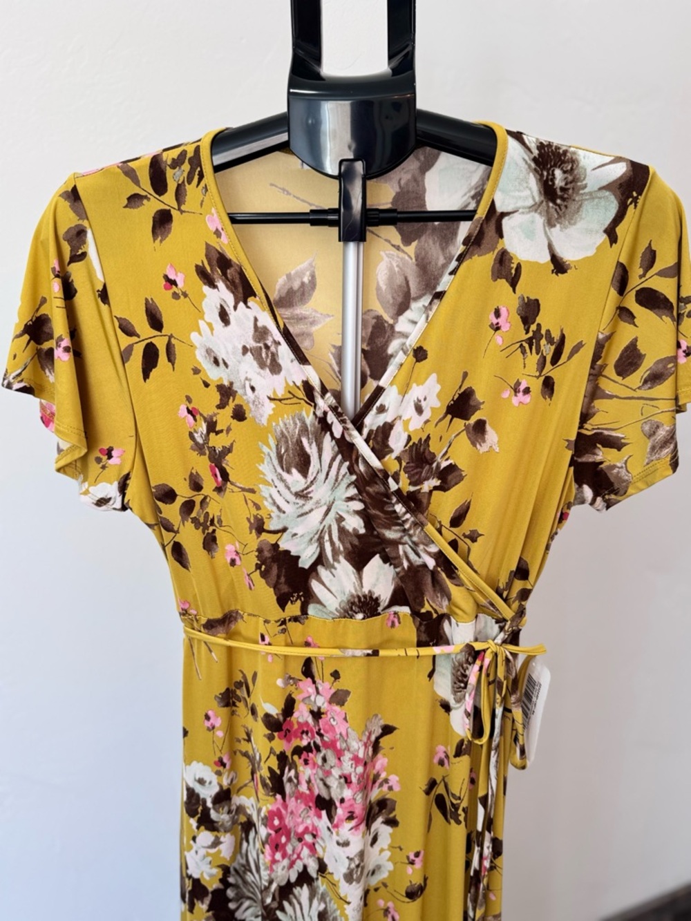 NWT Chris & Carol Mustard Floral Surplice True Neck Maxi Dress with Tie, Sz. L - Picture 3 of 7